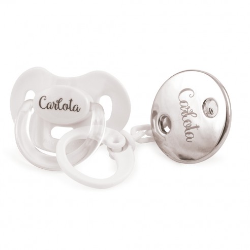 Pack Premium Chupete y Cadena Personalizada - Blanco/Plateado