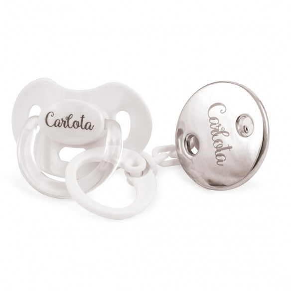 Pack Premium Chupete y Cadena Personalizada - Blanco/Plateado