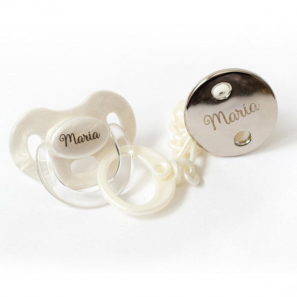 Pack Premium Chupete y Cadena Personalizada - Perlado/Plata
