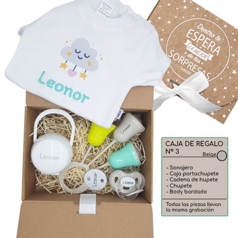 Caja Regalo N.3 (Chupete+Cadena+Sonajero+Caja+Body) Beige