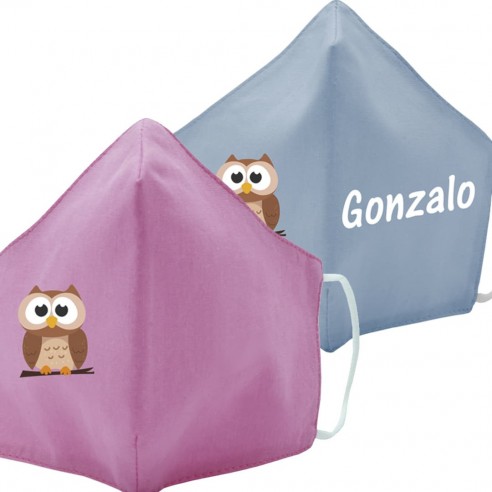 Mascarilla de tela BUHO azul y rosa