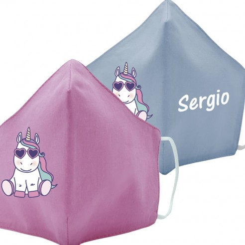 Mascarilla de tela UNICORNIOGAFAS azul y rosa