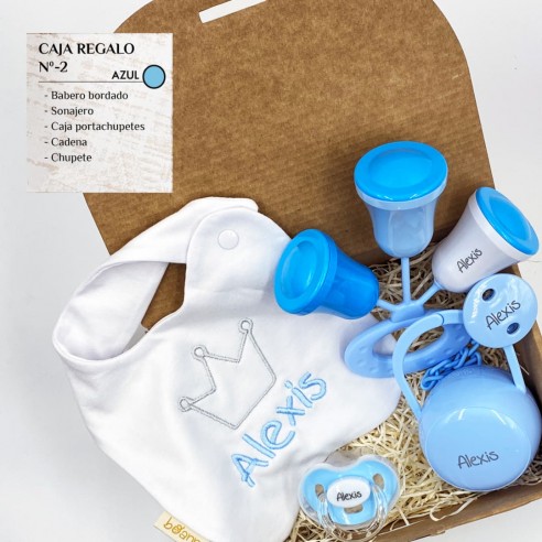 Caja Regalo N.2 Personalizada - Azul (Chupete + Cadena + Sonajero + Portachupetes + Babero Bordado)